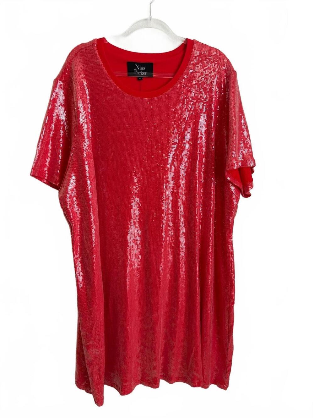 Nina Parker | NWT Short Sleeve Red Clear Iridescent Sequin Shift Dress Size 4X